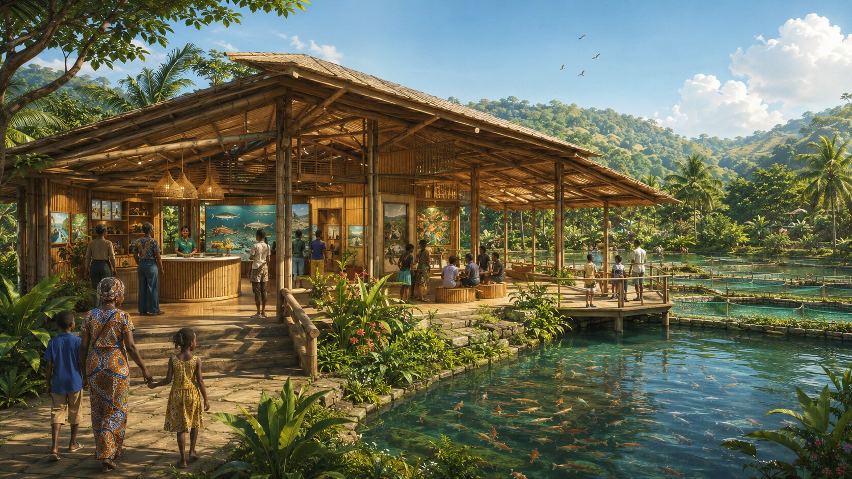 Concept rendering of an aquaculture education and interpretive center overlooking the fish tanks