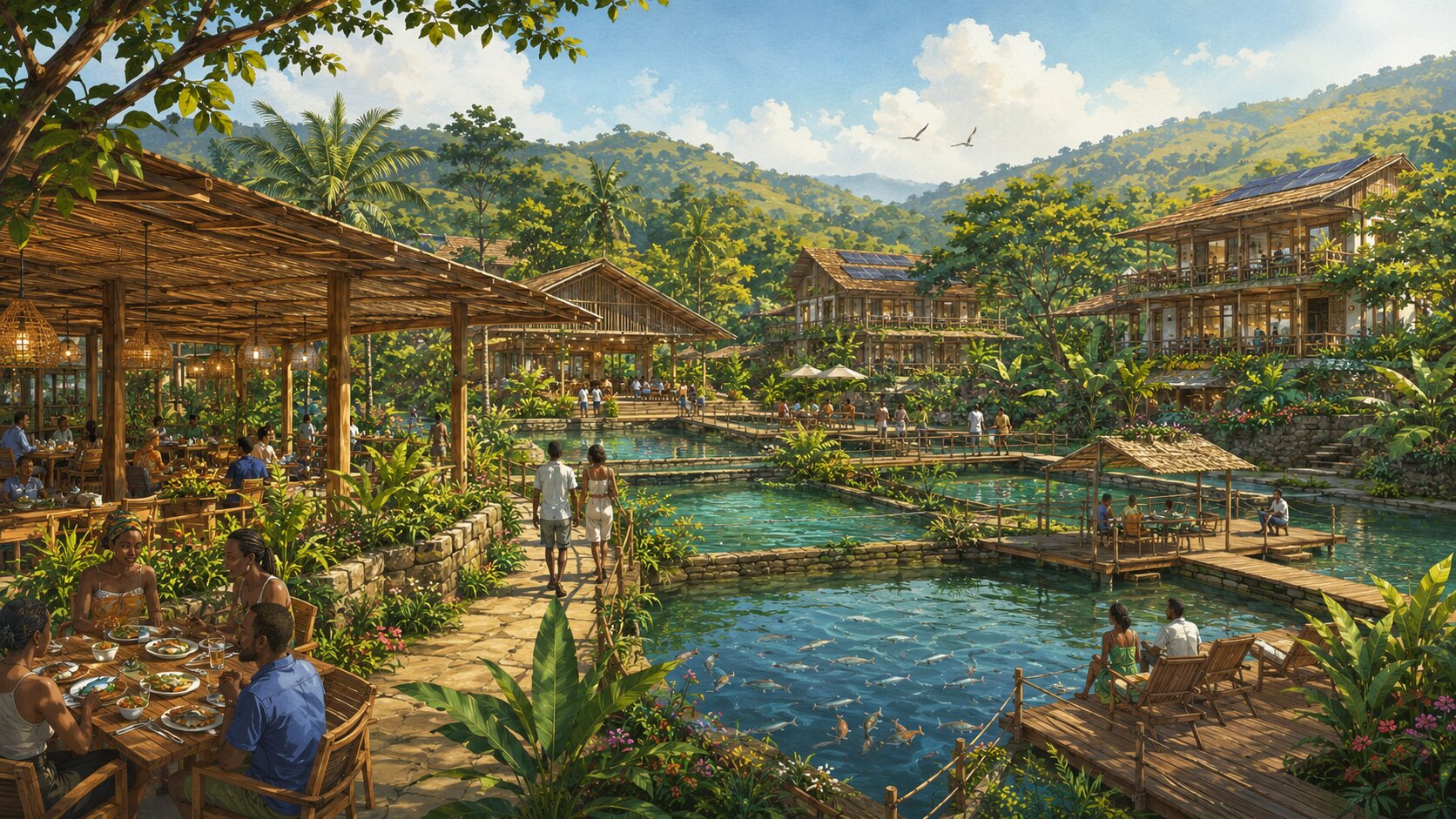 Concept rendering of an aquaculture eco-lodge and fish-to-table dining decks around the ponds