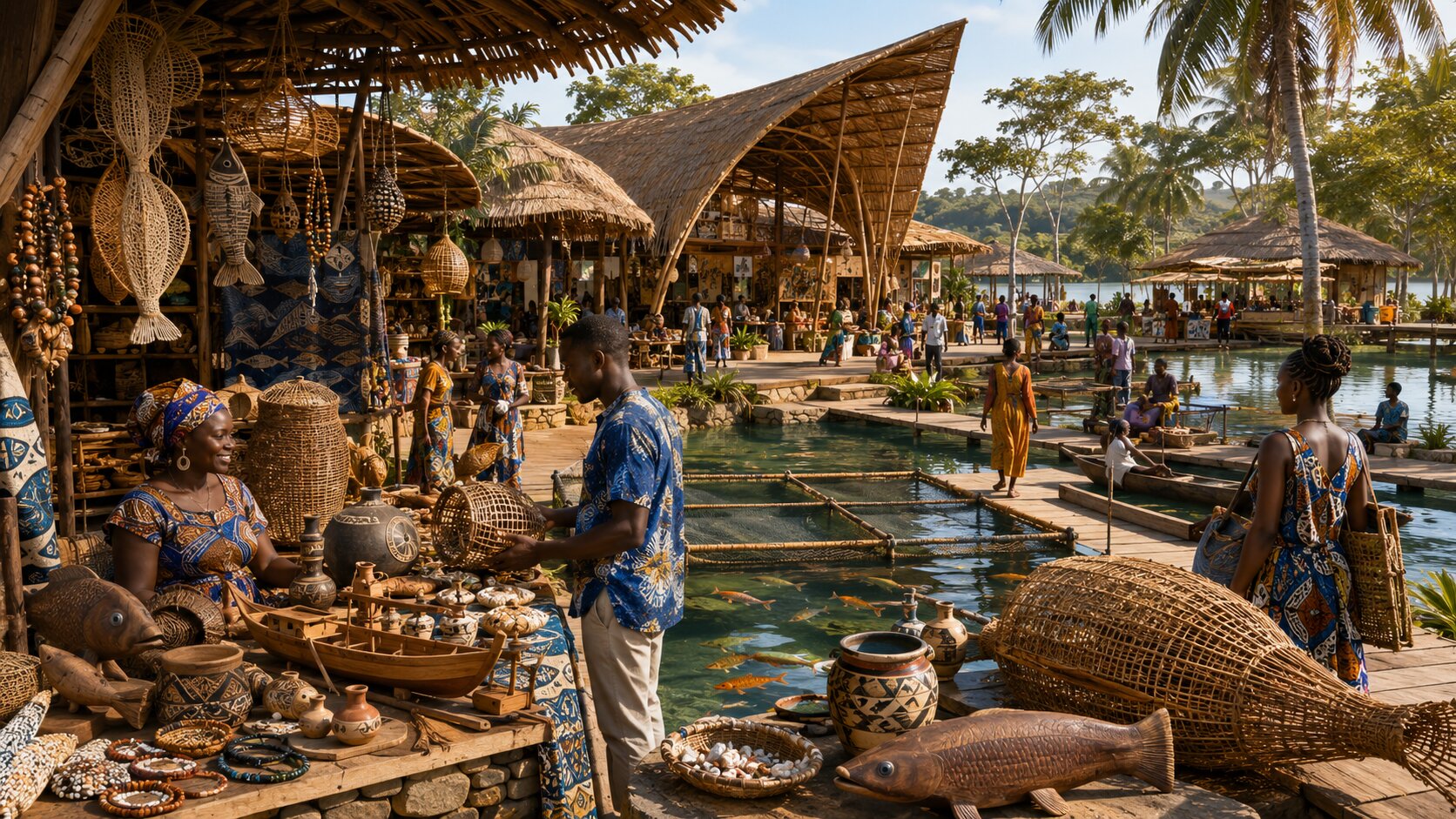 Concept rendering of a lakeside craft and fresh fish market plaza with cultural products